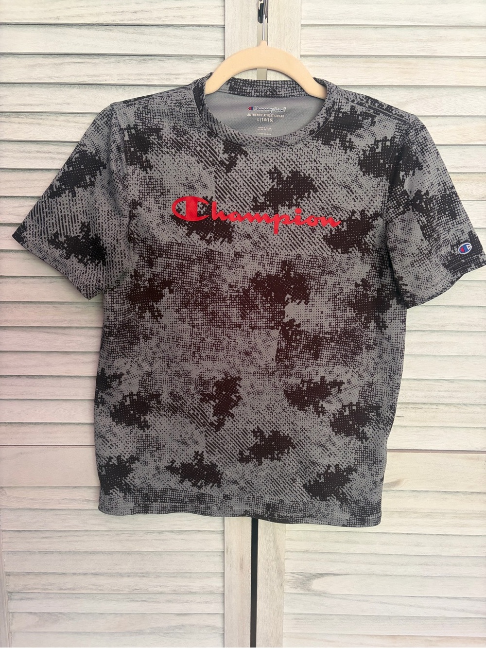 Champion Kids Gray Camo Tee with Red Logo